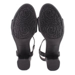 Black sandals outsole view with embossed tread and Taryn Rose branding