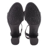 Black sandals outsole view with embossed tread and Taryn Rose branding
