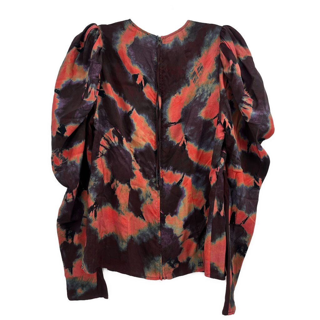Long-sleeve top with abstract watercolor print, ruched puff sleeves, round neckline.