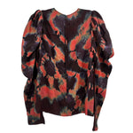 Long-sleeve top with abstract watercolor print, ruched puff sleeves, round neckline.