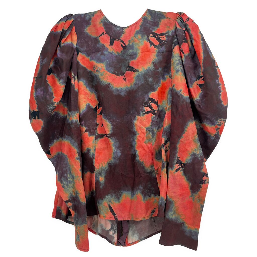 Long-sleeve printed top with gathered puff sleeves and round neckline, dark brown abstract pattern