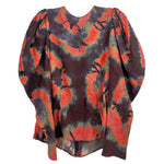 Long-sleeve printed top with gathered puff sleeves and round neckline, dark brown abstract pattern