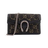 Dionysus mini crossbody, black denim with GG pattern and silver-tone clasp