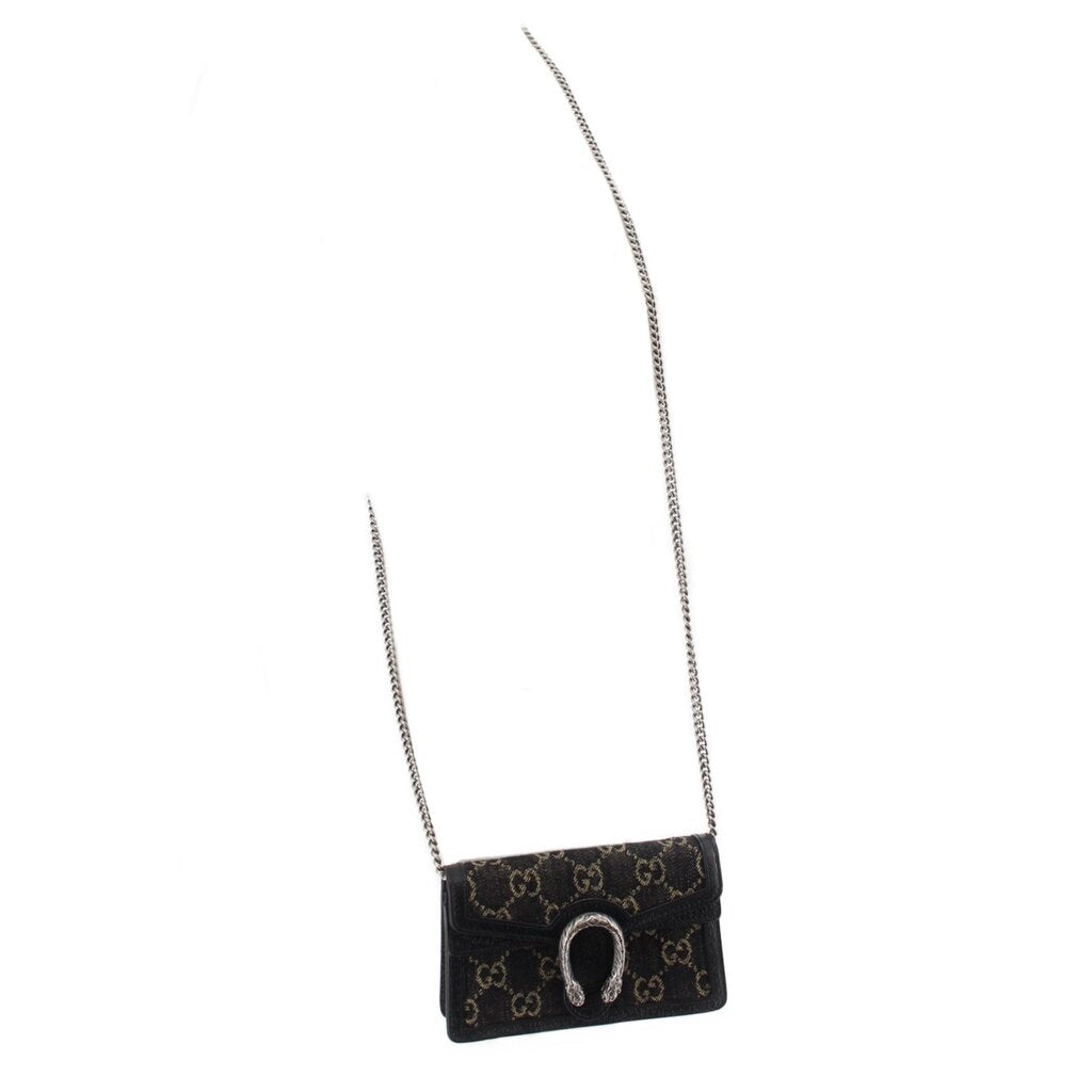 Black GG mini crossbody bag with short chain strap and small flap, silvertone ring clasp