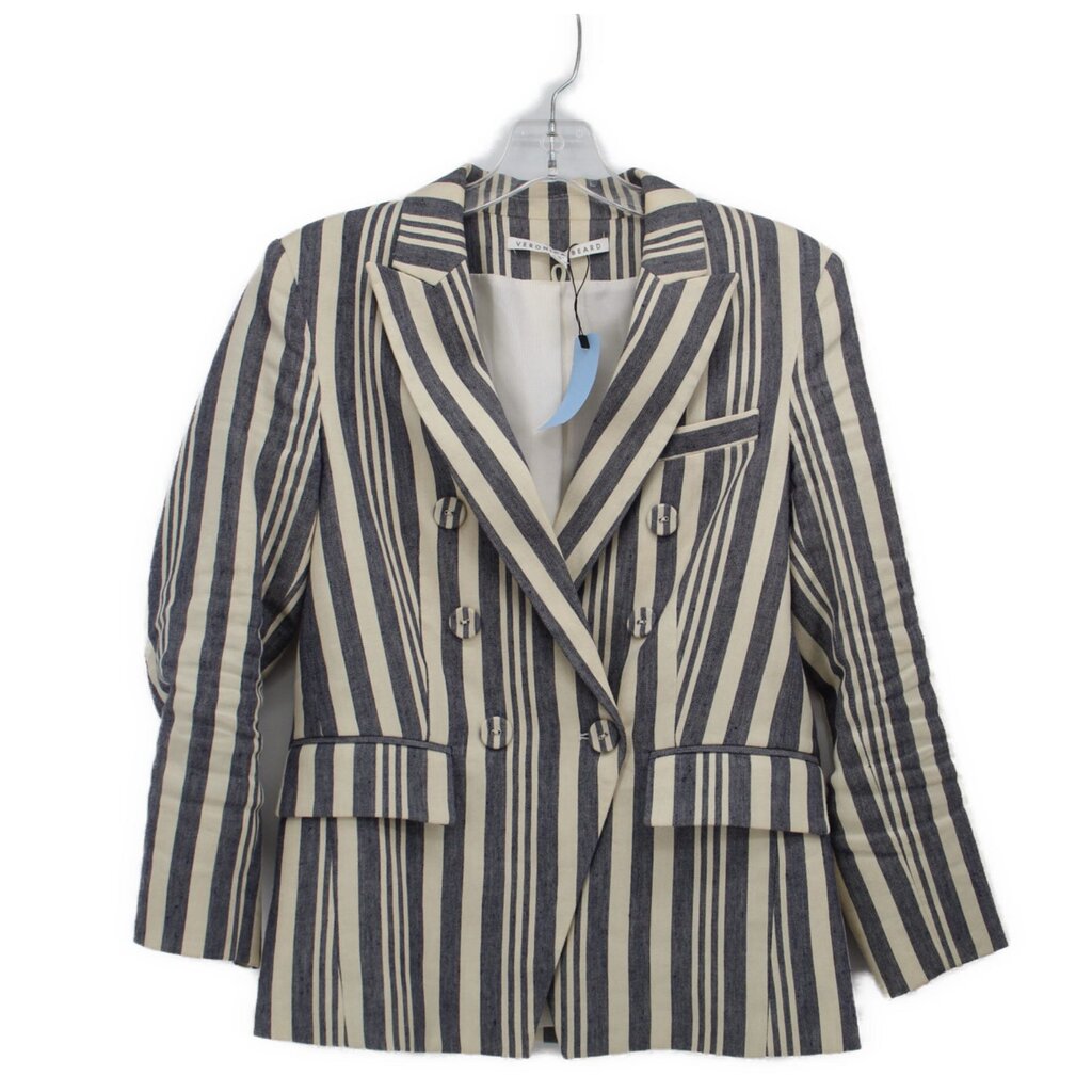 Double-breasted striped blazer with notch lapels, front buttons, and flap pockets