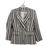 Double-breasted striped blazer with notch lapels, front buttons, and flap pockets