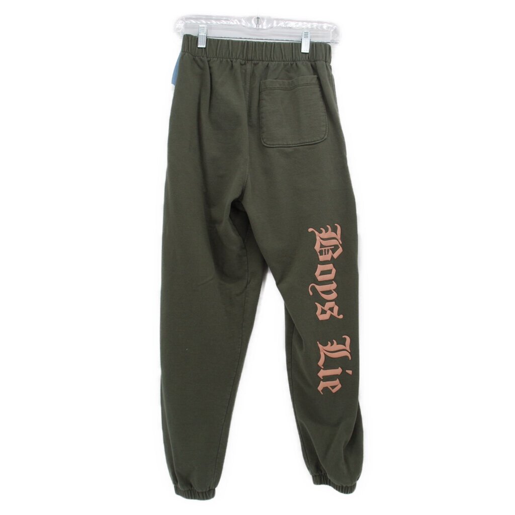 Boys green jogger pants with front pocket and vertical side graphic text