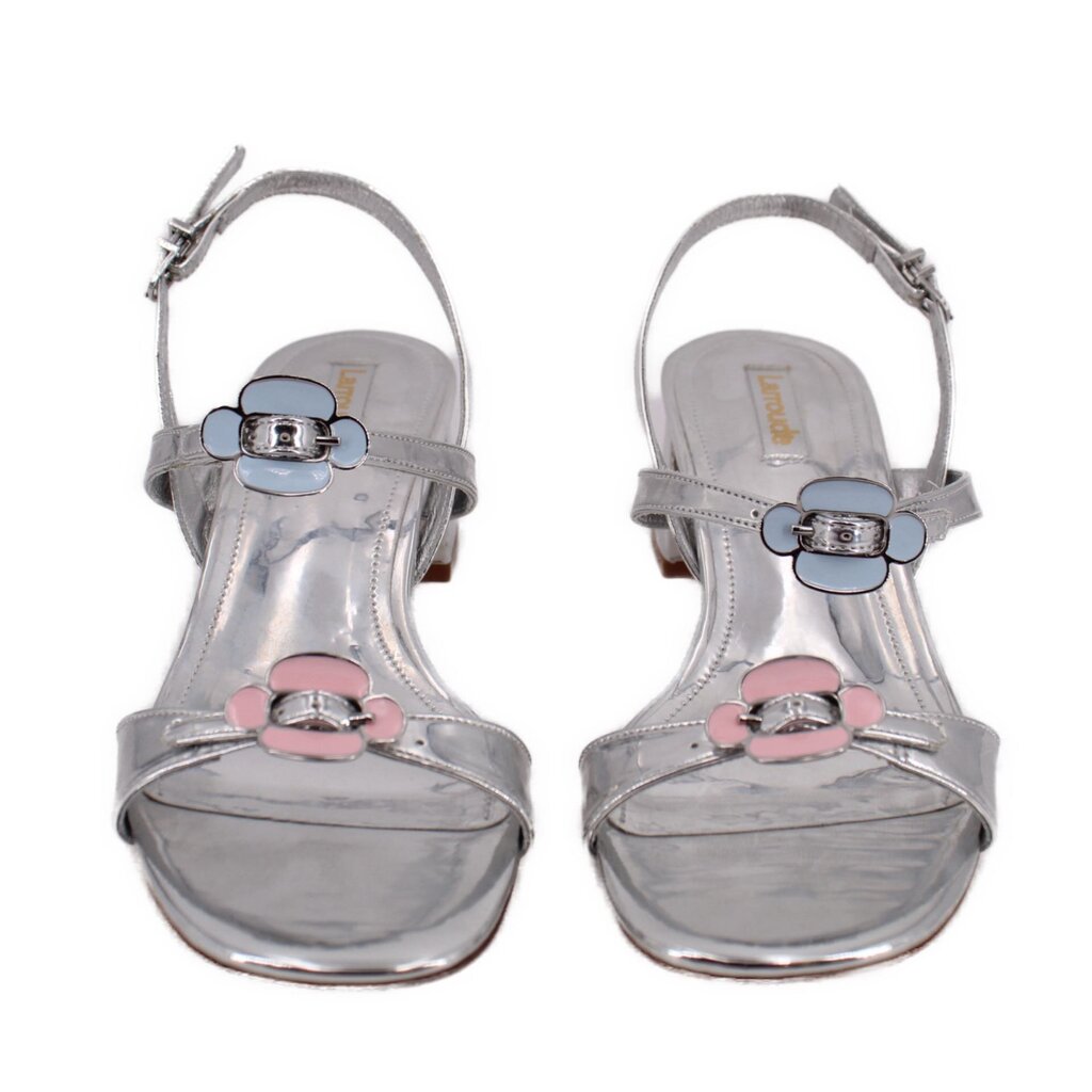 Metallic silver heeled sandals with two front buckles and ankle strap