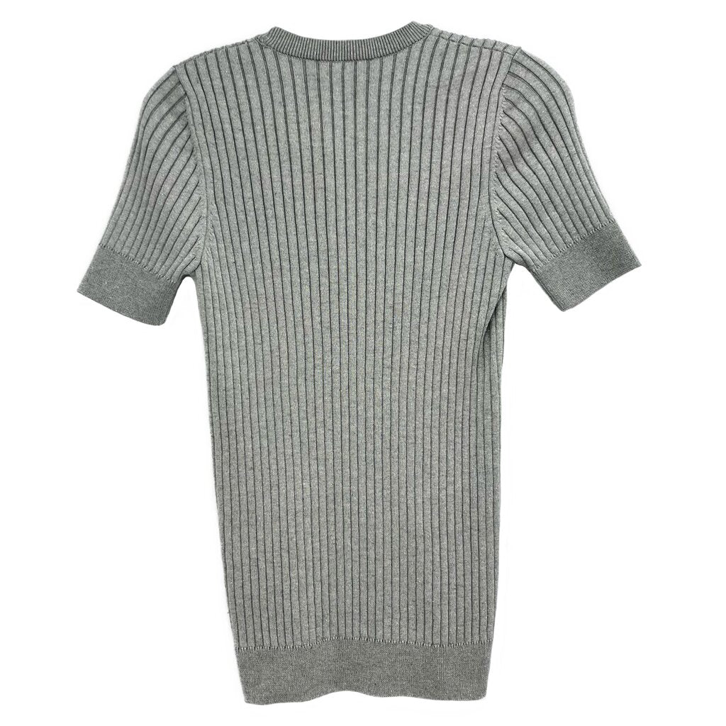Gray ribbed knit top with crew neck, short sleeves
