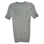 Gray ribbed knit top with crew neck, short sleeves