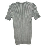Gray ribbed knit top with crew neck, short sleeves