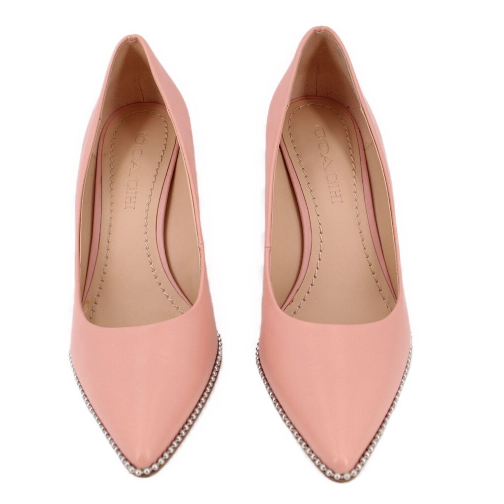 Coach Waverly pink pump heels, pointed toe pair view, beaded side trim