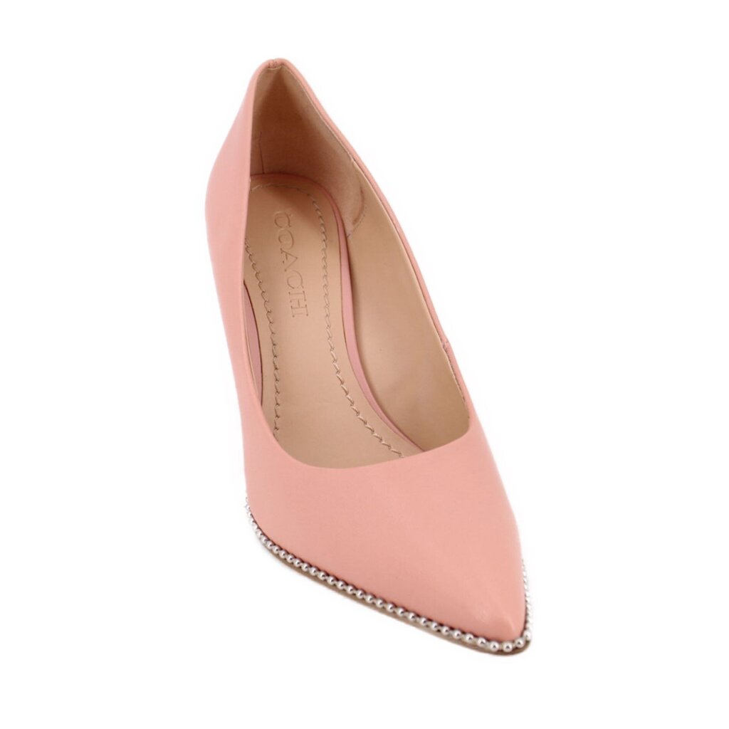 Coach Waverly pink pump heels with beaded metal trim, pointed toe