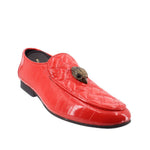 KURT GEIGER patent leather loafers, red slip-on with gold accent bit and black sole