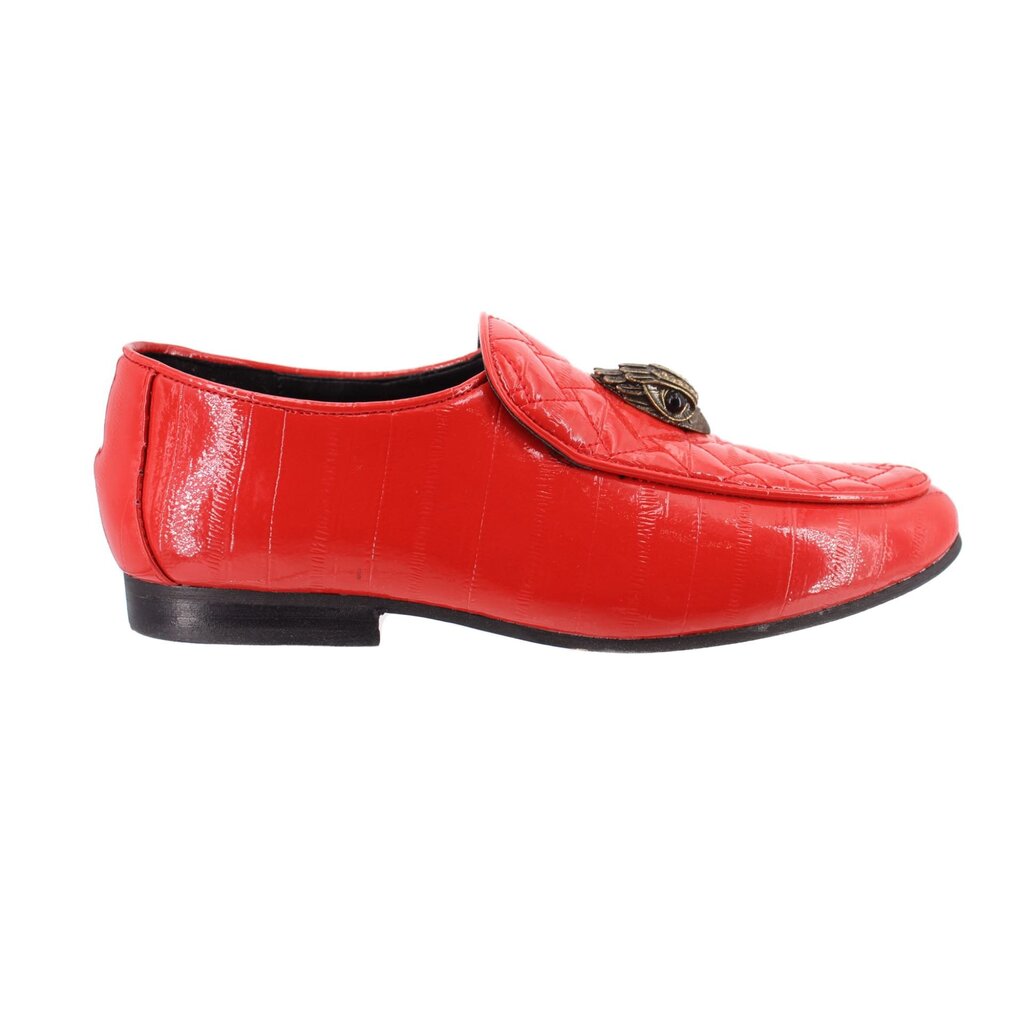 KURT GEIGER patent leather loafers, red slip-on with embossed panel and gold bit