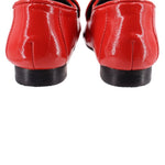 KURT GEIGER patent leather loafers, red back view with black stacked heel