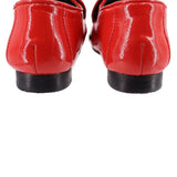 KURT GEIGER patent leather loafers, red back view with black stacked heel