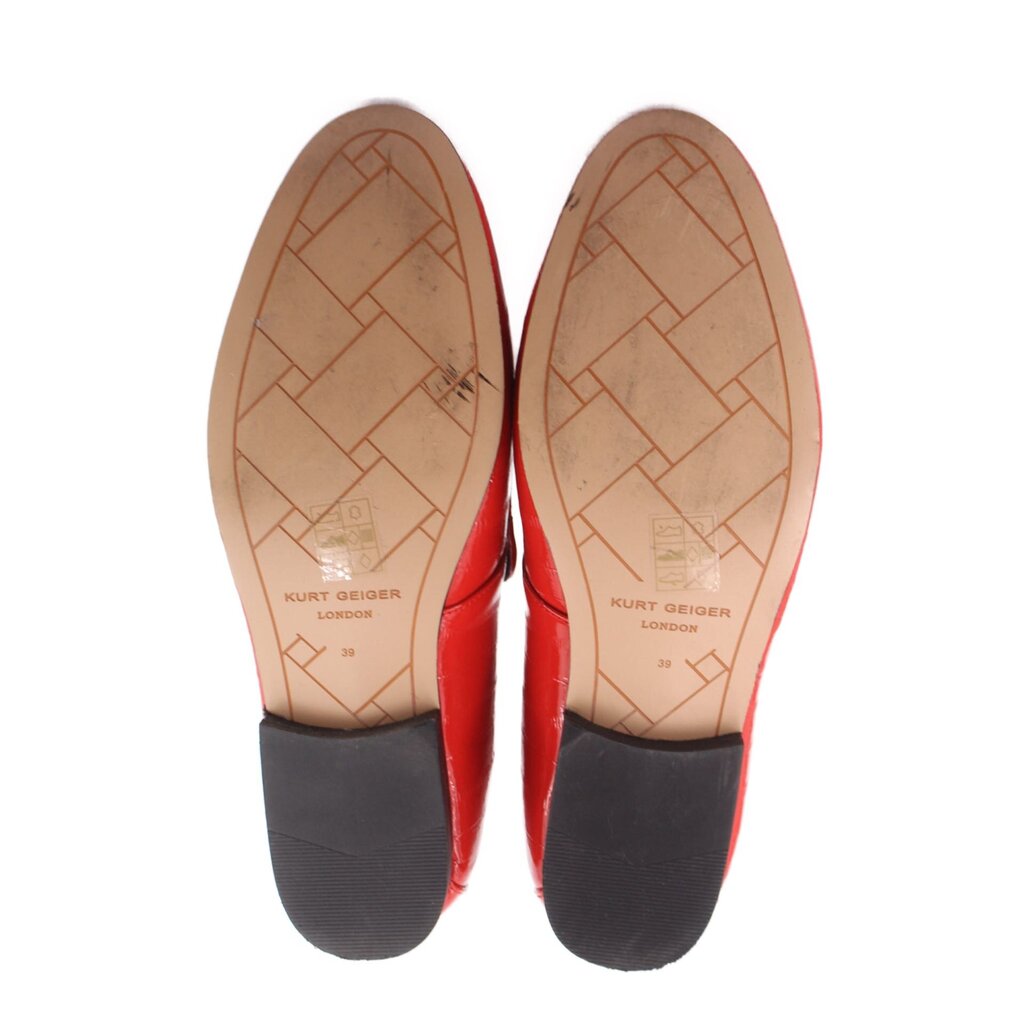 KURT GEIGER patent leather loafers, red soles with printed grip and branding