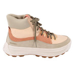 Mid lace-up sneakers, beige and tan upper with coral band, olive laces, chunky sole