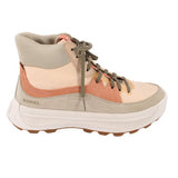 Mid lace-up sneakers, beige and tan upper with coral band, olive laces, chunky sole