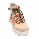 Mid lace-up sneakers, beige upper with coral panel and olive laces, padded collar