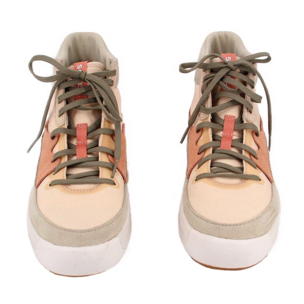 Pair of mid lace-up sneakers in beige and coral with olive laces and chunky white sole