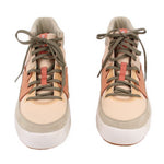 Pair of mid lace-up sneakers in beige and coral with olive laces and chunky white sole
