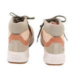 Pair of mid sneakers, beige heel with coral and tan panels, lace-up style