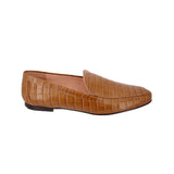 Brown leather smoking flats with slip-on design and low stacked heel