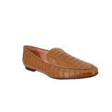 Brown leather smoking flats with woven strap design and rounded toe