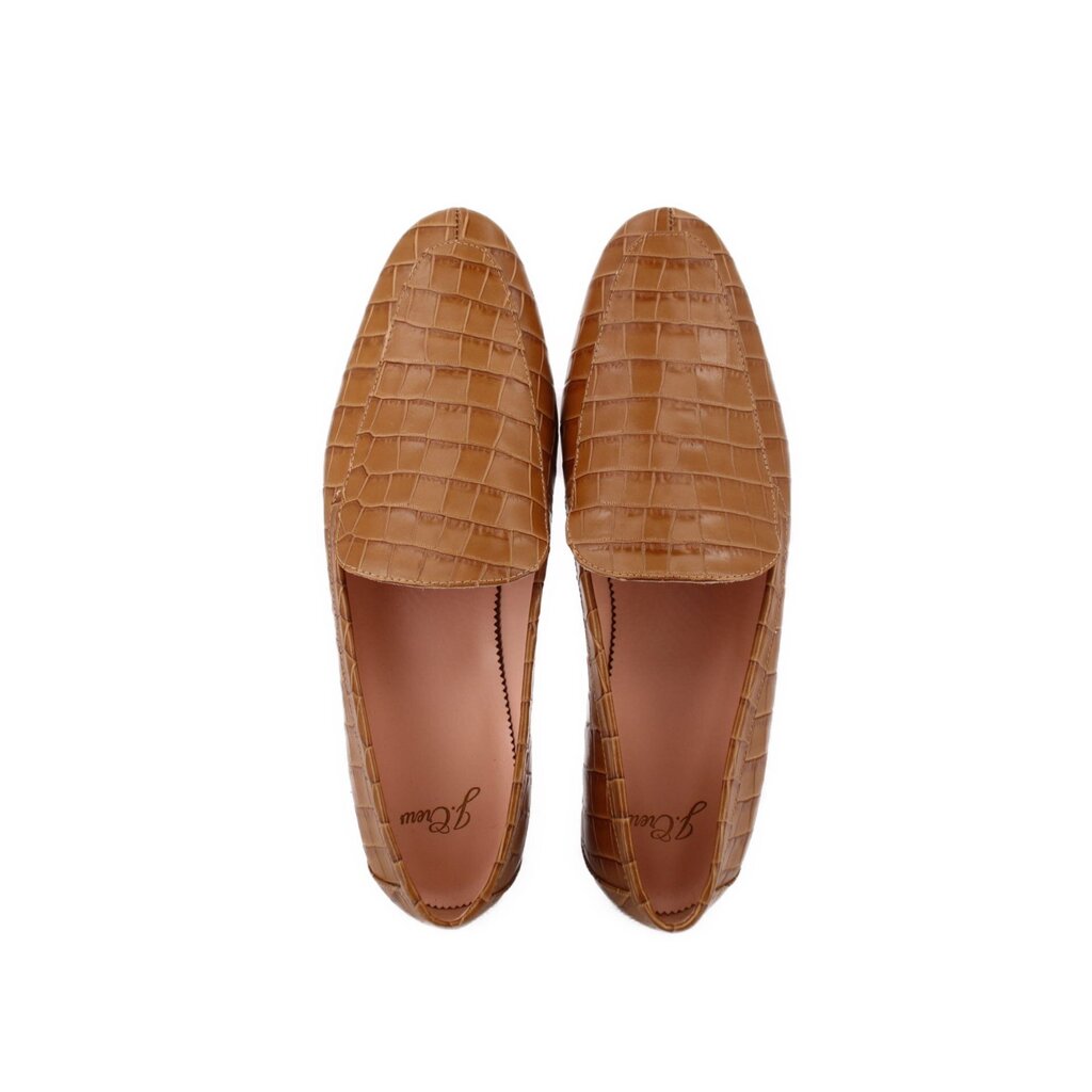 Pair of brown leather smoking flats with rounded toe and stitched apron front