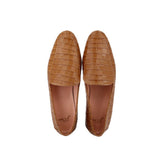 Pair of brown leather smoking flats with rounded toe and stitched apron front