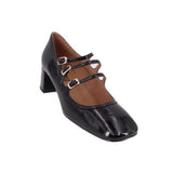 Black patent Mary Jane heels with two adjustable strap buckles and block heel