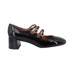 Black patent Mary Jane heels with two front strap buckles and block heel