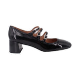 Black patent Mary Jane heels with two front strap buckles and block heel