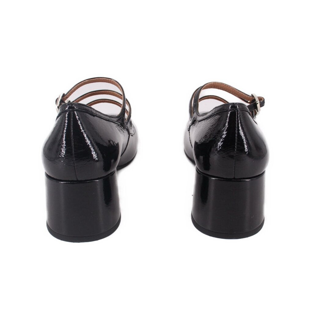 Black patent Mary Jane heels back view with ankle strap and block heel