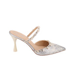 Silver fabric stiletto heels with pointed toe and jeweled slingback strap