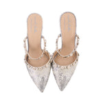 Silver fabric stiletto heels with pointed toe and jeweled slingback straps