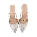 Silver fabric stiletto heels with pointed toe and jeweled slingback straps