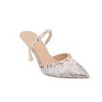 Silver fabric stiletto heels with pointed toe and jeweled ankle strap