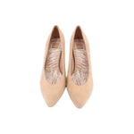 Pair of tan suede pointed-toe heels with decorative patterned lining
