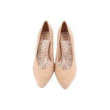 Pair of tan suede pointed-toe heels with decorative patterned lining