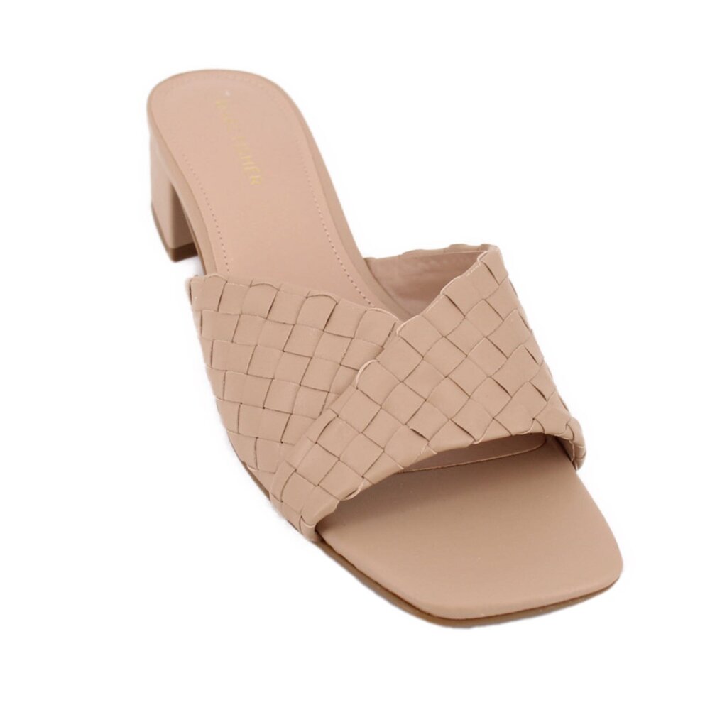 Tan woven slide sandals with block heel and open toe