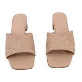 Pair of tan woven slide sandals, open toe and cushioned footbed