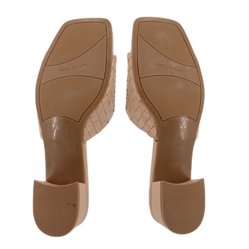 Tan woven slide sandals with textured outsole and MARC FISHER logo