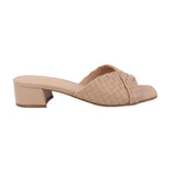 Tan woven mule sandals with wide block heel, open toe