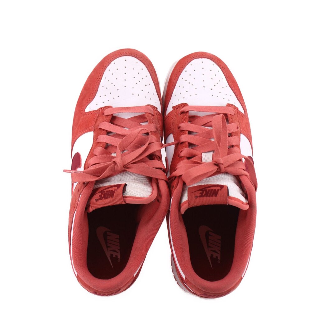 Women's Nike Dunk Low sneakers, red uppers with white toe panels, lace-up