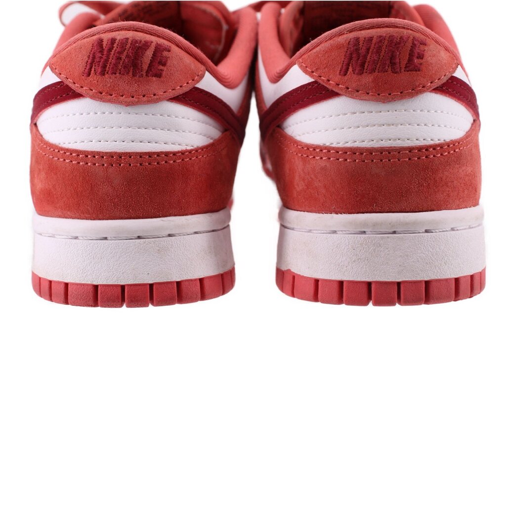 Women's Nike Dunk Low sneakers, red suede heels with white midsole and tread