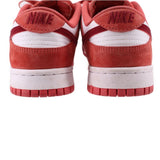 Women's Nike Dunk Low sneakers, red suede heels with white midsole and tread