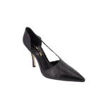 Black leather pointed-toe stiletto heels, side view with slim high heel